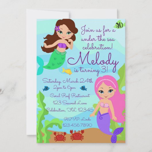 お姫様みたいな人魚の海の誕生日パーティー 招待状 (正面)