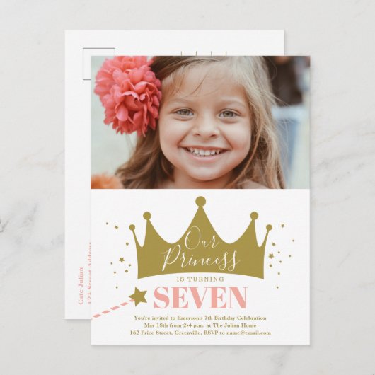 お姫様プリンセス ピンク モダン バースデー インビテーション (正面/裏面)