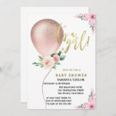 お姫様誕生！バルーン ピンク フラワー お祝い 招待状 (正面/裏面)