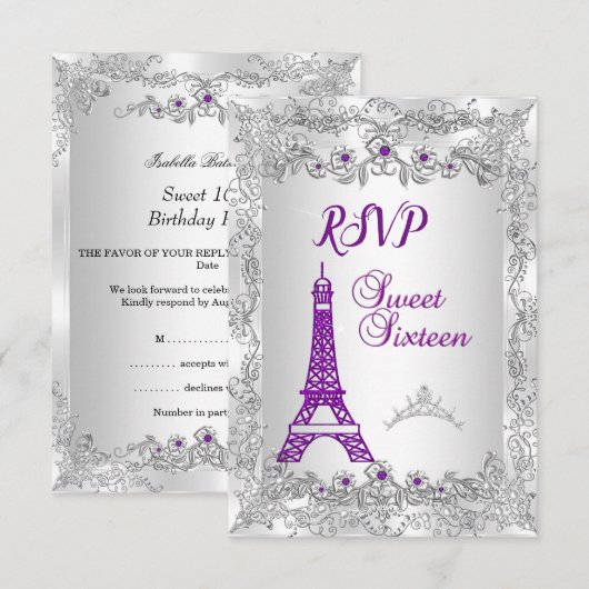 お姫様 スイート16 パープル シルバー フォト パーティーに返信 招待状 (正面/裏面)
