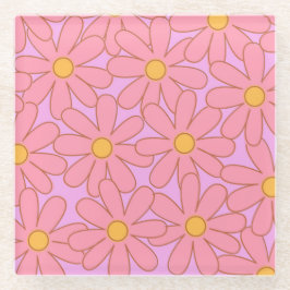 お嬢様ピンクパープルフラワーシンプル花柄 ガラスコースター