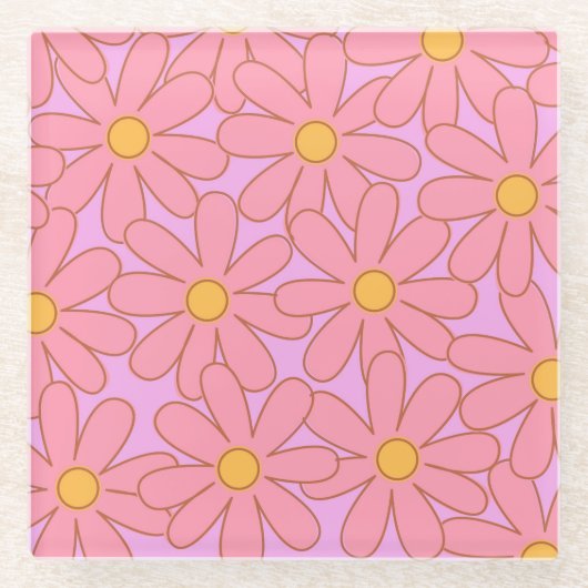 お嬢様ピンクパープルフラワーシンプル花柄 ガラスコースター (正面)