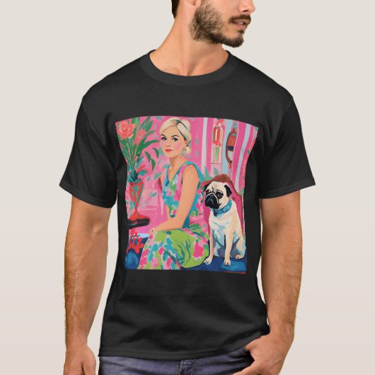 お嬢様風インテリアと少女とフォーン・パグ Tシャツ (正面)