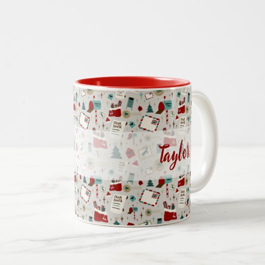 お子さまの名前入りのサンタへのクリスマスレター ツートーンマグカップ (正面右)