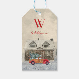 お子さんの名前はサンタのレッドカー ギフトタグ