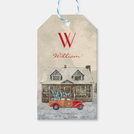 お子さんの名前はサンタのレッドカー ギフトタグ (正面)