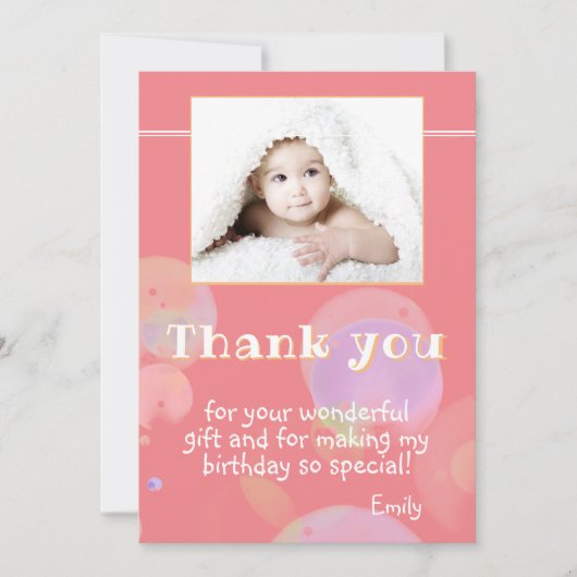 お子様のためのモダンなピンクの写真誕生日感謝カード サンキューカード (正面)