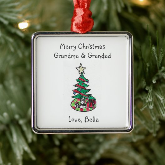 お子様のアートワークを追加する祖父母のクリスマス メタルオーナメント (ツリー)