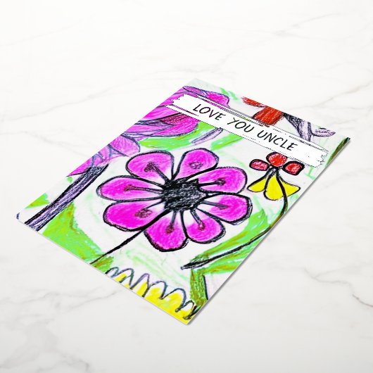 お子様のスケッチと写真の叔父のパーソナライズされた追加 箔シーズンカード (回転した状態)