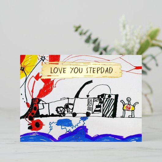 お子様のスケッチと写真の追加カスタムお父さんの日 箔シーズンカード (立ち正面)