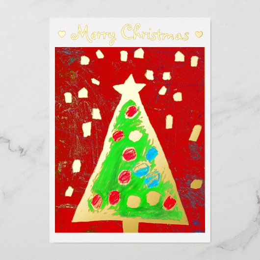 お子様のスケッチと写真を追加かわいいカスタムクリスマス 箔シーズンカード (正面)