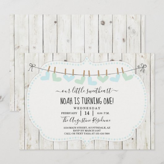 お子様のバレンタインデー ファースト バースデー パーティーをカスタマイズ 招待状 (正面/裏面)