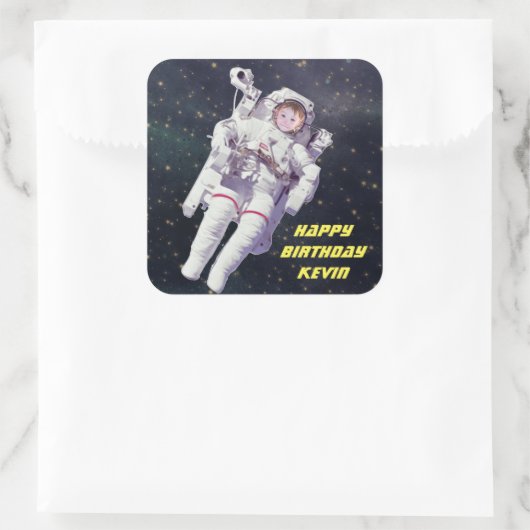 お子様の写真の宇宙飛行士誕生日の追加 スクエアシール (バッグ)
