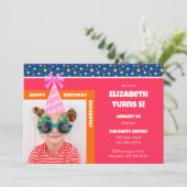 お子様の写真入り ハッピー バースデー ピンクの帽子で 招待状 (スタンド正面)