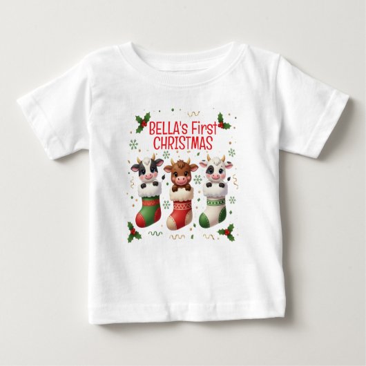 お子様の初めてのクリスマスに最適なカスタマイズ牛さんTシャツ ベビーTシャツ (正面)