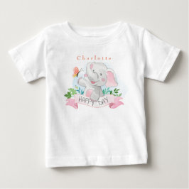 お子様の名前を入れた「ゾウが蝶と一緒に外で遊ぶ」オリジナルベビーTシャツ ベビーTシャツ