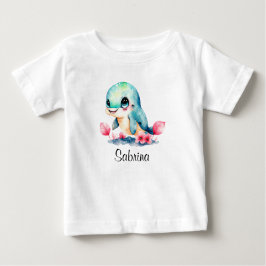 お子様の名前入りのイルカと水彩花のカスタムTシャツ ベビーTシャツ