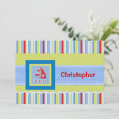 お子様の名前入りのカスタム フラット ノート カード - 帆船とストライプ柄 (スタンド正面)