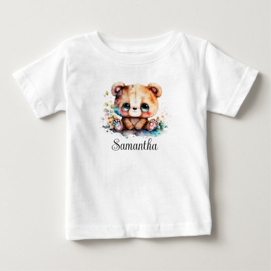 お子様の名前入り ぬいぐるみ クマの水彩 幼児部屋 アート ベビーTシャツ (正面)