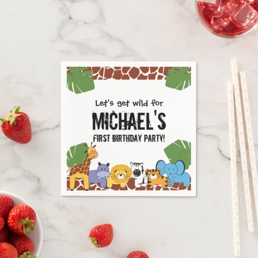 お子様の最初の誕生日パーティーにおすすめの、サファリ動物の絵柄が入ったオリジナルグッズ スタンダードカクテルナプキン (インサイチュ)