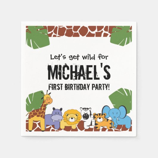 お子様の最初の誕生日パーティーにおすすめの、サファリ動物の絵柄が入ったオリジナルグッズ スタンダードカクテルナプキン (正面)