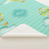 お子様の氏名が記載された水色および黄色の熱気球 シェルパブランケット (3/4)