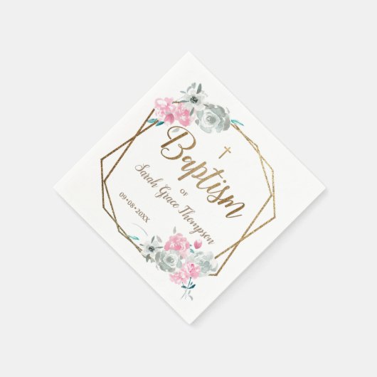 お子様の洗礼にぴったりな花の赤ちゃん女の子の金の十字架の食事ナプキン スタンダードカクテルナプキン (角)