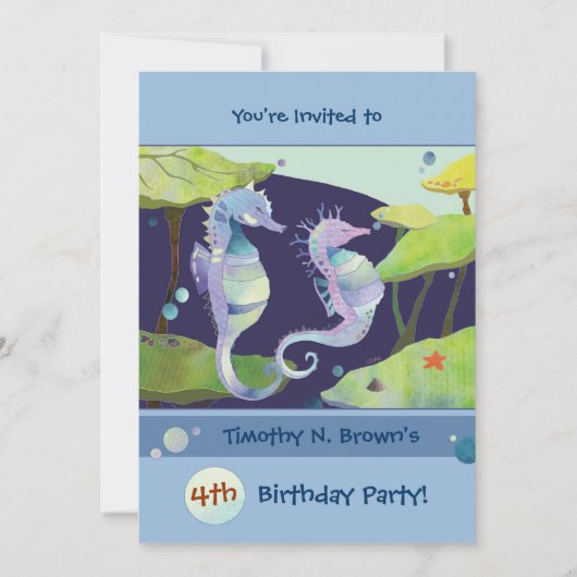 お子様の海の馬のテーマの誕生日プールパーティー 招待状 (正面)