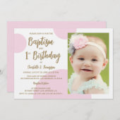 お子様の特別な記念日を祝う1歳の洗礼写真ピンクゴールドカスタム 招待状 (正面/裏面)