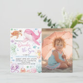 お子様の特別な1年を記念する Oneder The Sea かわいい海洋動物の誕生日写真 招待状 (スタンド正面)