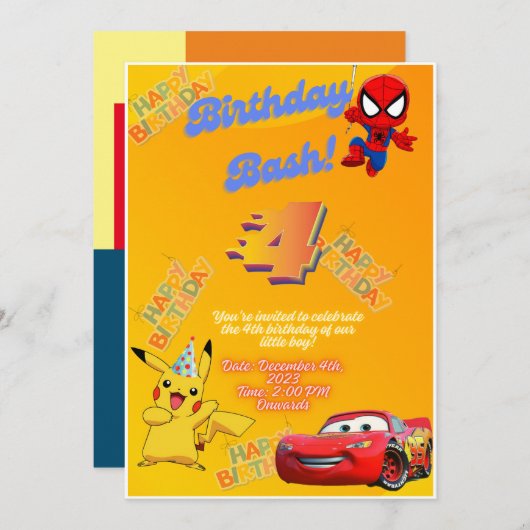 お子様の誕生日カードをカスタマイズする 招待状 (正面/裏面)