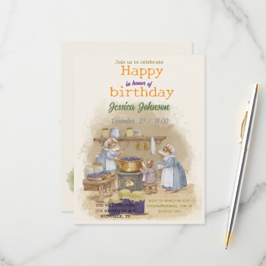 お子様の誕生日パーティーのご招待 出欠カード (正面/裏面インサイチュ)