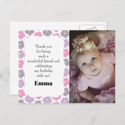 お子様の誕生日パーティー写真ありがとうピンク紫 ポストカード (正面/裏面)