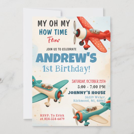 お子様の1歳の誕生日をお祝いします 航空少年 はやいものですね 招待状 (正面)