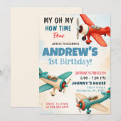お子様の1歳の誕生日をお祝いします 航空少年 はやいものですね 招待状 (正面/裏面)