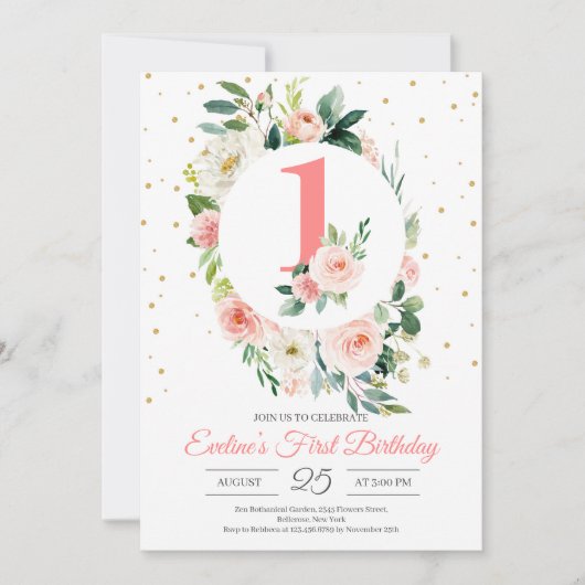 お子様の1歳誕生日におすすめのボヘミアンフラワーデザイン 招待状 (正面)