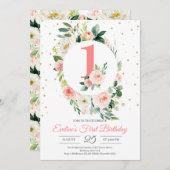 お子様の1歳誕生日におすすめのボヘミアンフラワーデザイン 招待状 (正面/裏面)