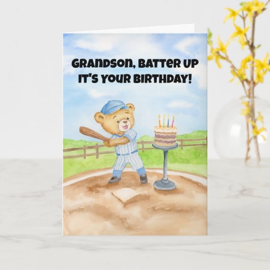 お孫さんの誕生日おめでとう 野球 テディベア カード (黄色い花)