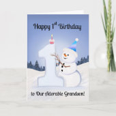 お孫さんの1歳の誕生日おめでとう 雪だるまを作る雪だるま カード (正面)