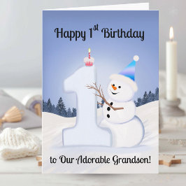 お孫さんの1歳の誕生日おめでとう 雪だるまを作る雪だるま カード