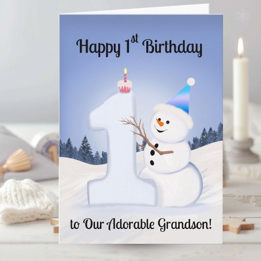 お孫さんの1歳の誕生日おめでとう 雪だるまを作る雪だるま カード