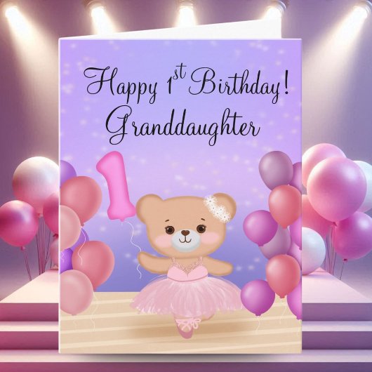 お孫さんの1歳の誕生日のテディベアバレリーナ カード