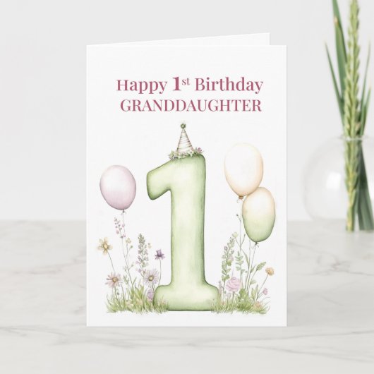 お孫さんの1歳の誕生日 お花とピンクの風船 カード (正面)