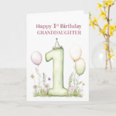 お孫さんの1歳の誕生日 お花とピンクの風船 カード (黄色い花)