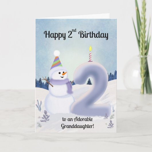 お孫さんの2歳の誕生日おめでとう 雪だるまを作ろう カード (正面)