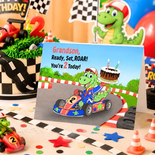 お孫さんの2歳の誕生日 ダイナソーレースカー用準備はいいですか カード