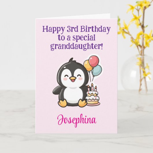 お孫さんの3歳の誕生日おめでとう、ペンギン カード (黄色い花)