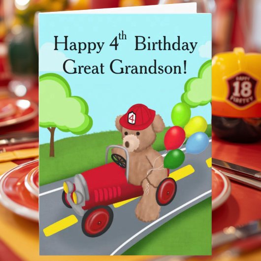 お孫さんの4歳の誕生日おめでとう ベア消防車 カード