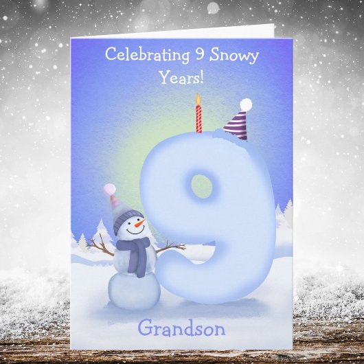 お孫さんの9歳の誕生日おめでとう 雪だるま作り カード