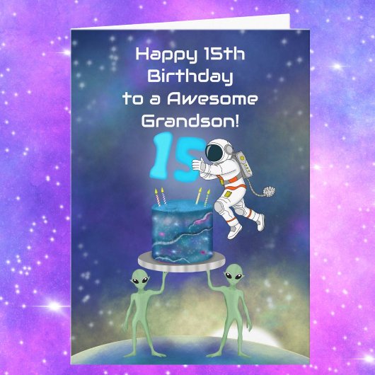 お孫さん、15歳の誕生日おめでとう！宇宙飛行士とクールなデザイン カード